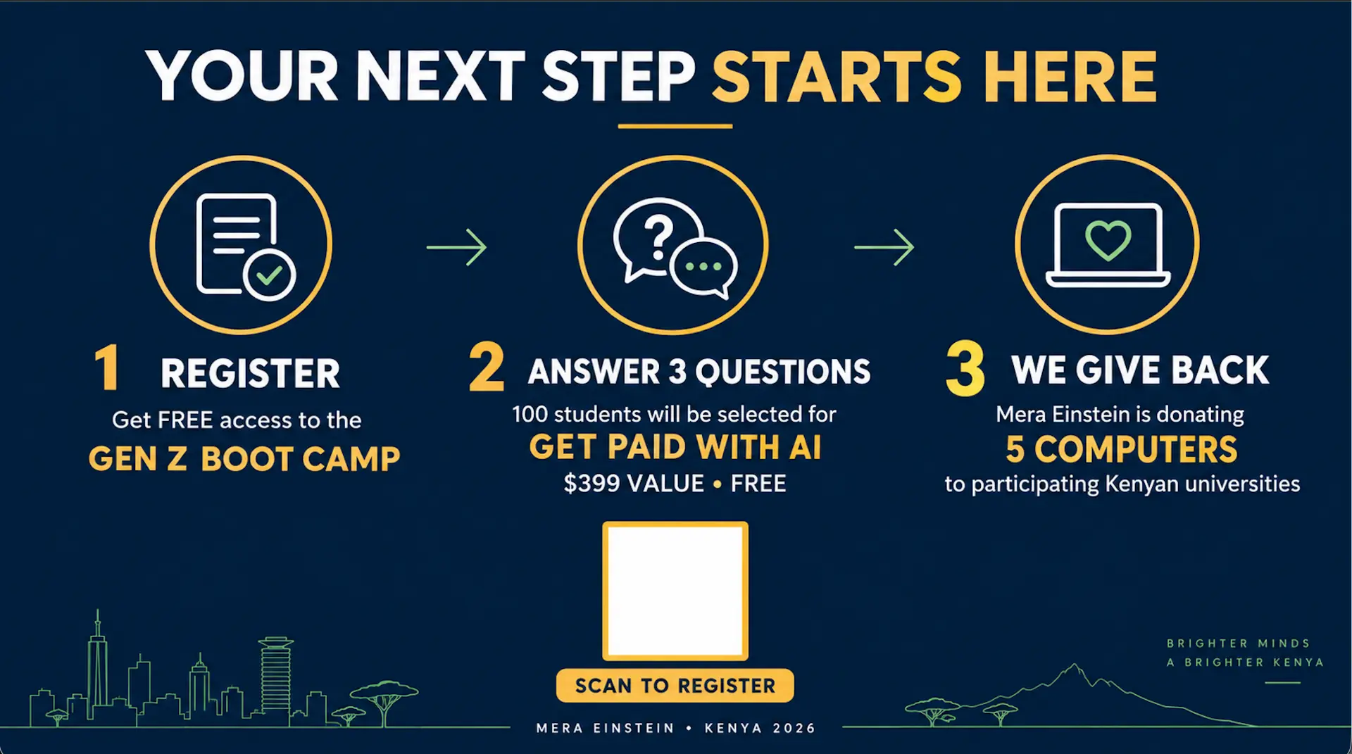 Your next step starts here: register for the free Gen Z Boot Camp, answer 3 questions for the Get Paid with AI programme, and Mera Einstein donates 5 computers